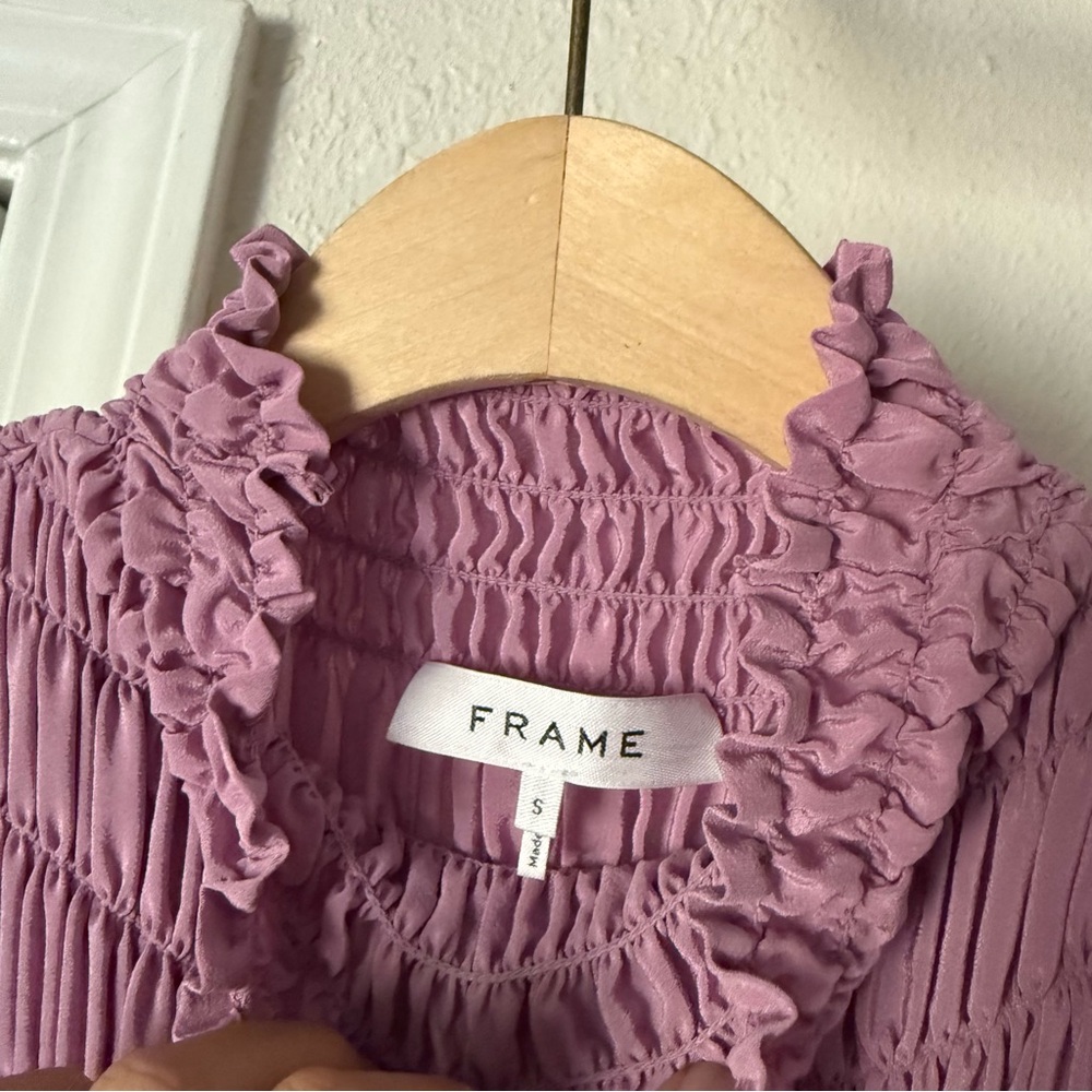 FRAME lavender lilac pink purple silk smocked‎ ruched high neck blouse tank - Picture 4 of 5